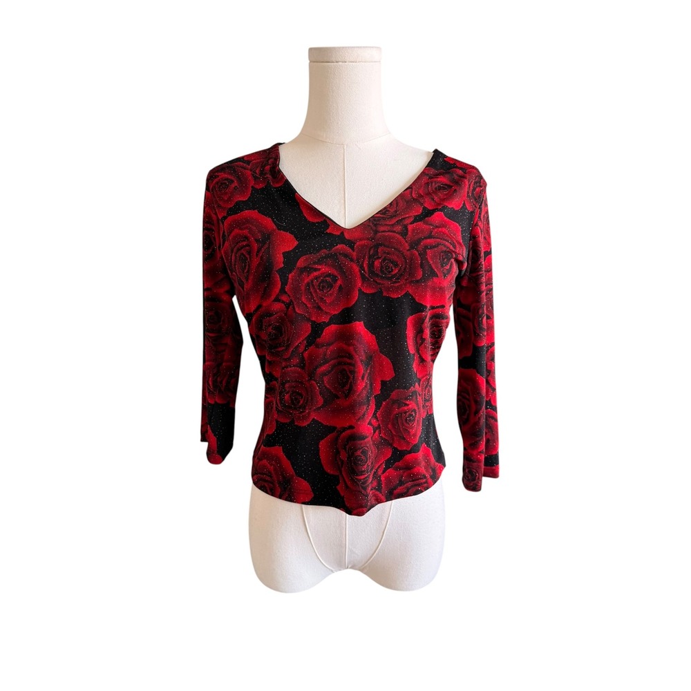 The Limited Red Rose Glitter V-Neck Top Medium 3/4 Sleeve Floral Blouse